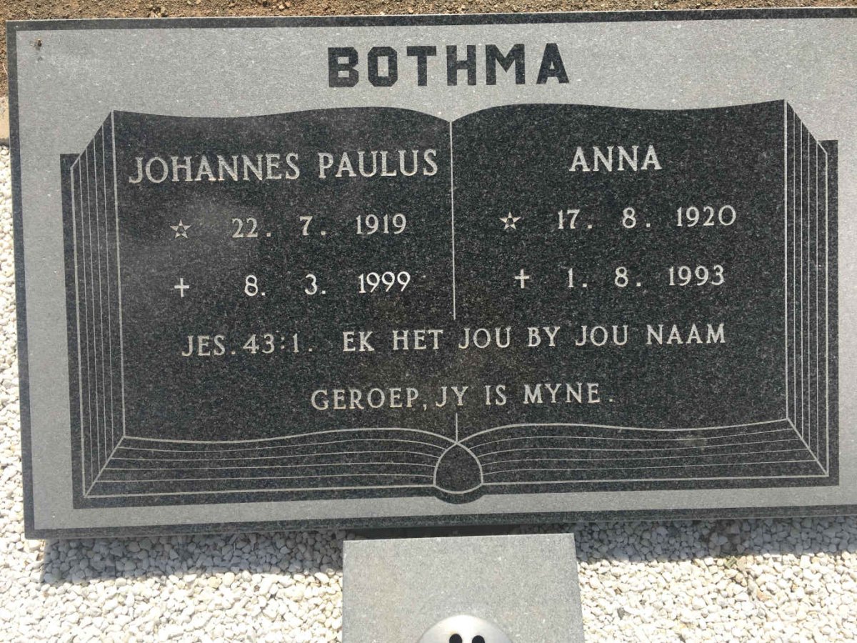 BOTHMA Johannes Paulus 1919-1999 &amp; Anna 1920-1993