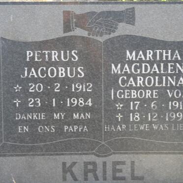 KRIEL Petrus Jacobus 1912-1984 &amp; Martha Magdalena Carolina VOS 1916-1992