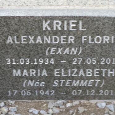 KRIEL Alexander Floris 1934-2013 &amp; Maria Elizabeth STEMMET 1942-2010