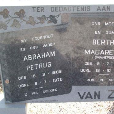 ZYL Abraham Petrus, van 1909-1970 &amp; Bertha Magaretha SWANEPOEL 1915-1983