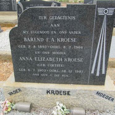 KROESE Barend F.A. 1892-1966 &amp; Anna Elizabeth COETZEE 1902-1987