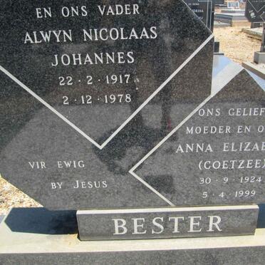 BESTER Alwyn Nicolaas Johannes 1917-1978 &amp; Anna Elizabeth COETZEE 1924-1999