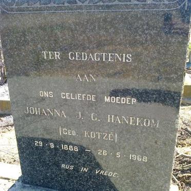 HANEKOM Johanna J.G. nee KOTZÉ 1888-1968