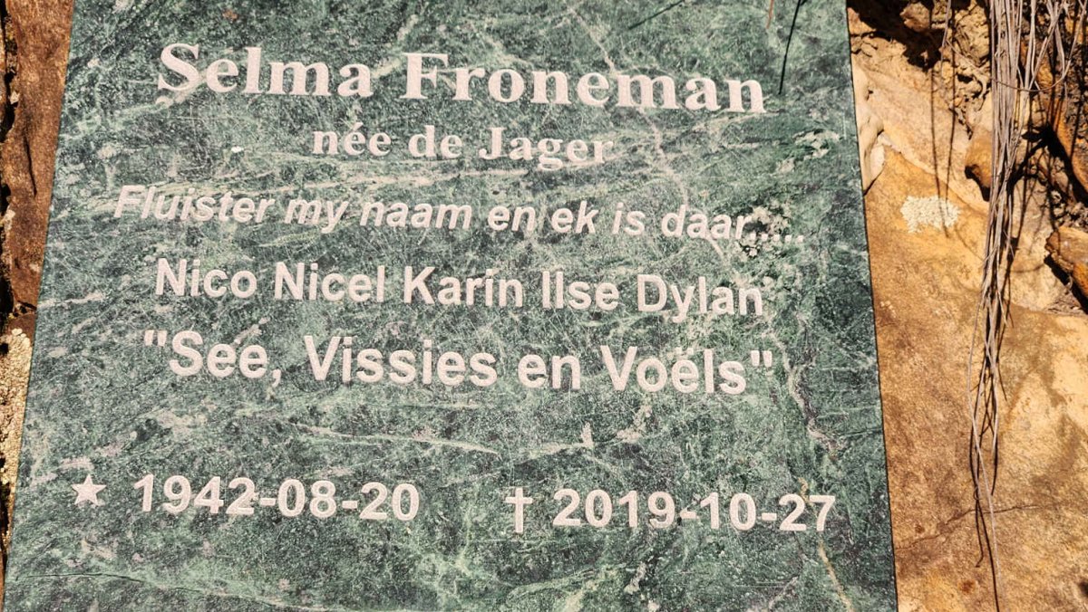 FRONEMAN Selma nee DE JAGER 1942-2019