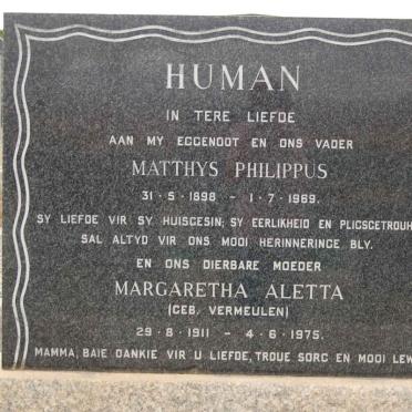 HUMAN Matthys Philippus 1898-1969 &amp; Margaretha Aletta VERMEULEN 1911-1975