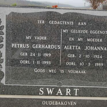 SWART Petrus Gerhardus 1919-1993 &amp; Aletta Johanna 1924-1989