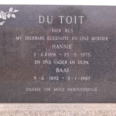 TOIT Baai, du 1892-1987 &amp; Hannie 1891-1975
