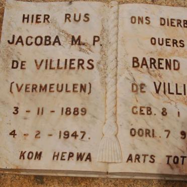 VILLIERS Barend J.J., de 1893-1959 &amp; Jacoba M.P. VERMEULEN 1889-1947