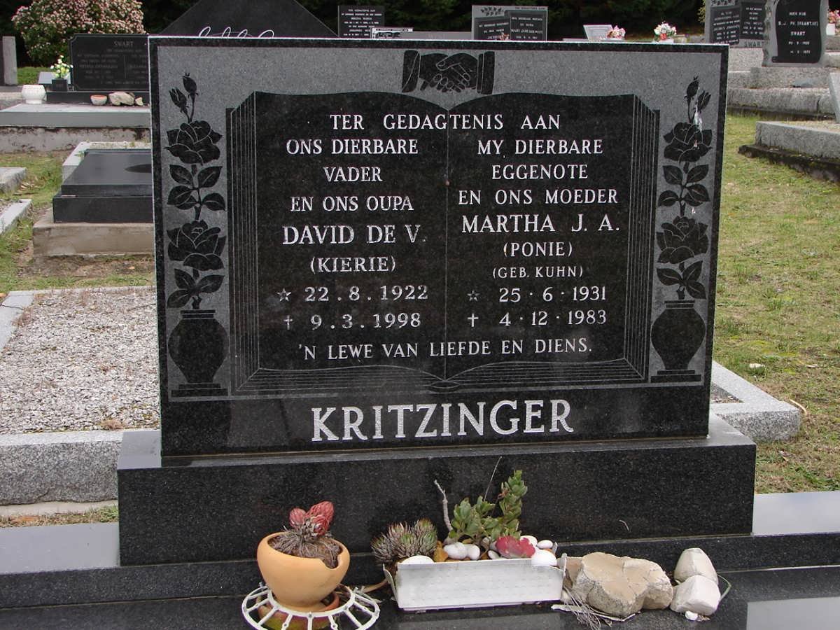 KRITZINGER David de V. 1922-1998 &amp; Martha J.A. KUHN 1931-1983