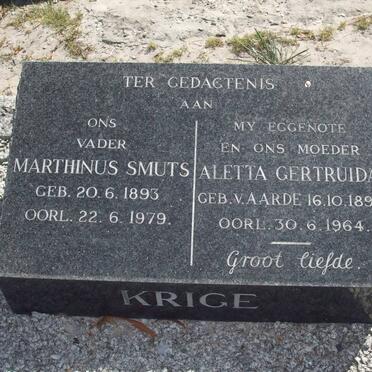 KRIGE Marthinus Smuts 1893-1979 &amp; Aletta Gertruida V. AARDE 1893-1964