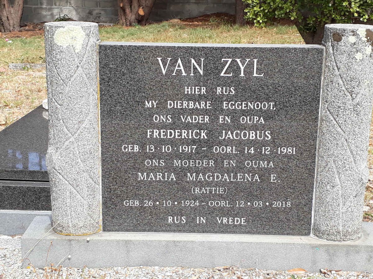 ZYL Frederick Jacobus, van 1917-1981, &amp; Maria Magdalena E. 1924-2018