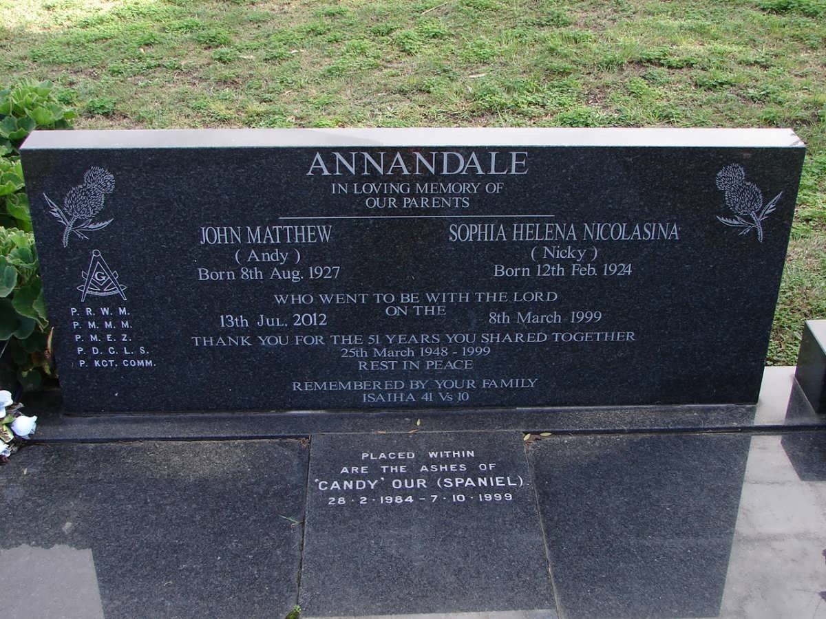 ANNANDALE John Matthew 1927-2012 &amp; Sophia Helena Nicolasina 1924-1999