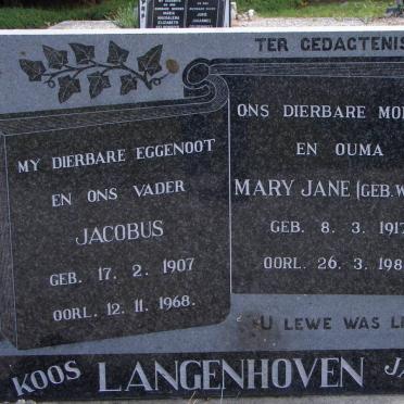 LANGENHOVEN Jacobus 1907-1968 &amp; Mary Jane WEST 1917-1984