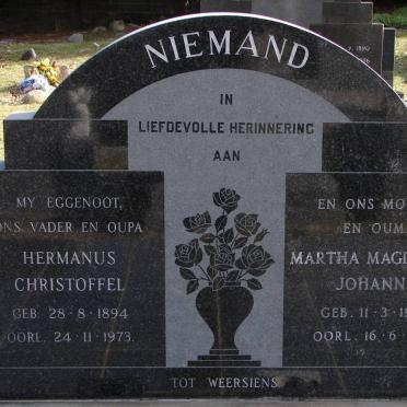NIEMAND Hermanus Christoffel 1894-1973 &amp; Martha Magdalena Johanna 1902-1992