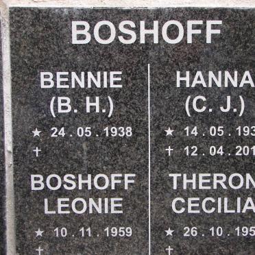 BOSHOFF B.H. 1938- :: BOSHOFF C.J. 1939-2010 :: BOSHOFF Leonie 1959- :: THERON Cecilia 1950-