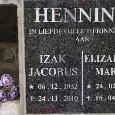 HENNING Izak Jacobus 1932-2010 &amp; Elizabeth Maria 1933-2012