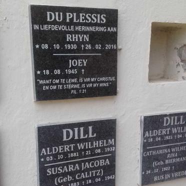 PLESSIS Rhyn, du 1930-2016 &amp; Joey 1945- :: DILL Albert Wilhelm 1881-1932 &amp; Susara Jacoba CALITZ 1883-1942