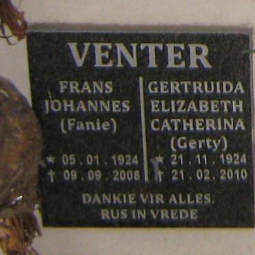 VENTER Frans Johannes 1924-2008 &amp; Gertruida Elizabeth Catherina 1924-2010
