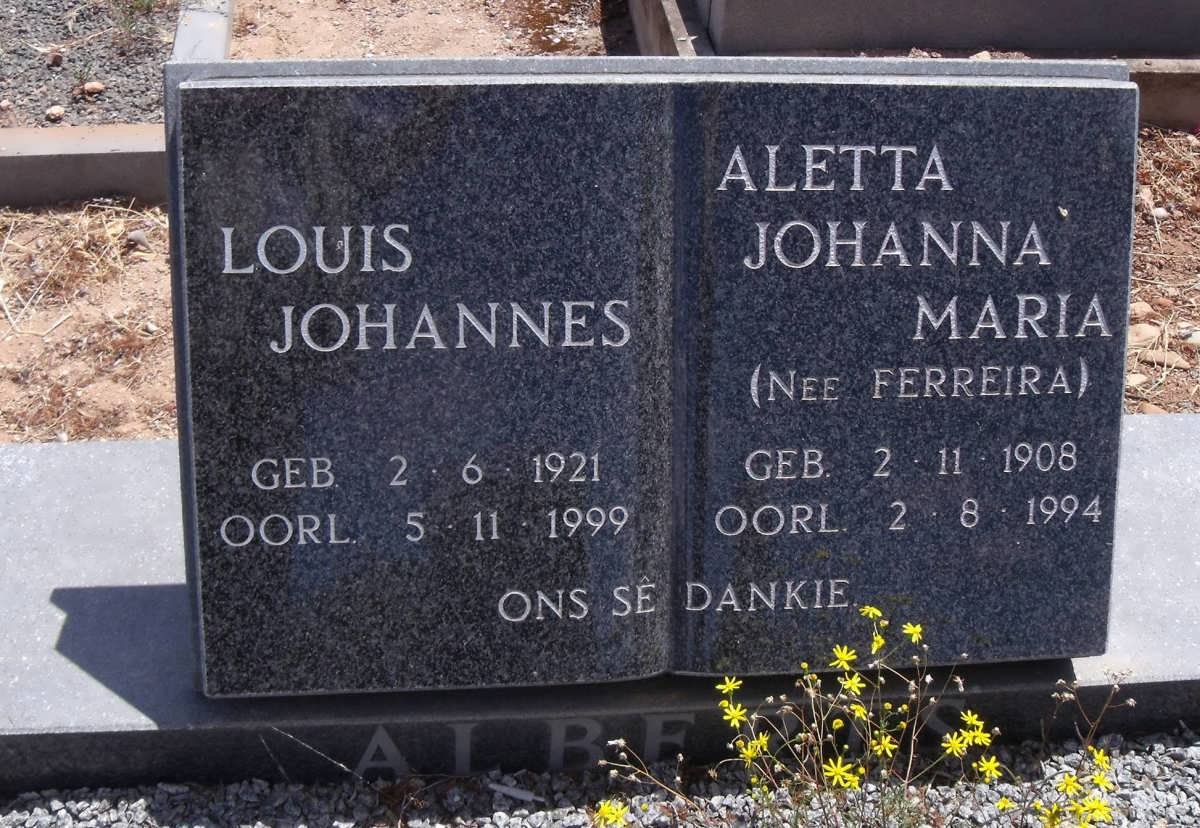 ALBERTS Louis Johannes 1921-1999 &amp; Aletta Johanna Maria FERREIRA 1908-1994