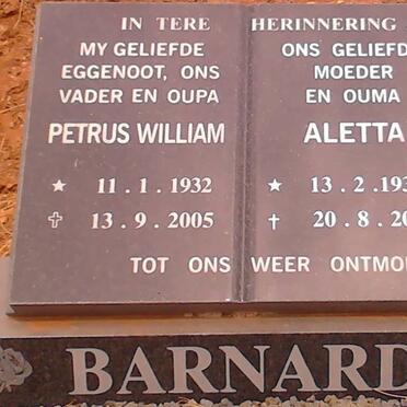 BARNARD Petrus William 1932-2005 &amp; Aletta 1936-2008