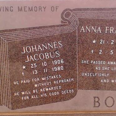 BOTES Johannes Jacobus 1906-1980 &amp; Anna Francina 1907-1977