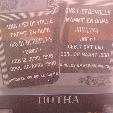 BOTHA David Hercules 1898-1980 &amp; Johanna 1910-1980