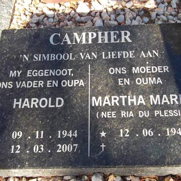 CAMPHER Harold 1944-2007 &amp; Martha Maria du PLESSIS 1945-