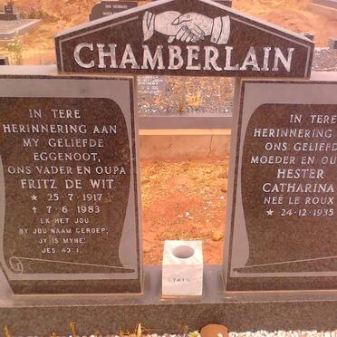 CHAMBERLAIN Fritz De Wit 1917-1983 &amp; Hester Catharina 1935-