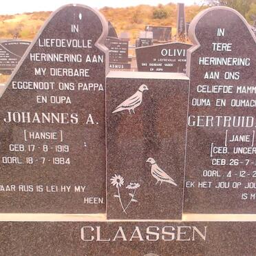 CLAASSEN Johannes A. 1919-1984 &amp; Gertruida M. UNGERER 1923-2001