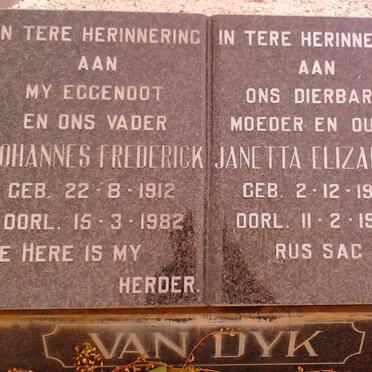 DYK Johannes Frederick, van 1912-1982 &amp; Janetta Elizabeth 1914-1995