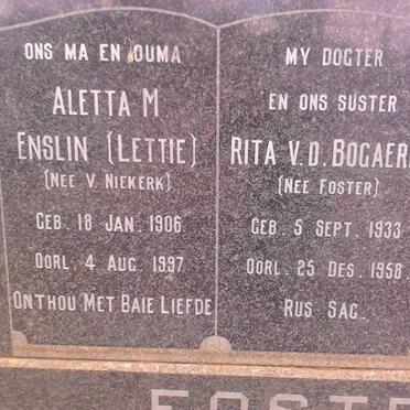 FOSTER Aletta M. Enslin nee VAN NIEKERK 1906-1997 :: V.D. BOGAERDE Rita nee FOSTER 1933-1958
