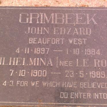 GRIMBEEK John Edzard 1897-1984 &amp; Wilhelmina LE ROUX 1900-1989