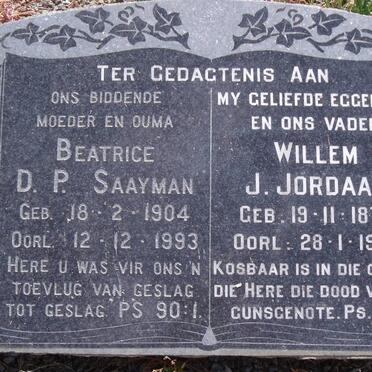 JORDAAN Willem J. 1879-1963 :: SAAYMAN Beatrice D.P. 1904-1993