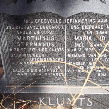 KLUYTS Marthinus Stephanus 1917-1978 &amp; Maria Dorothea Dalina Johanna SWANEPOEL 1929-2000