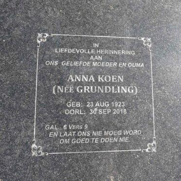 KOEN Anna nee GRUNDLING 1923-2018