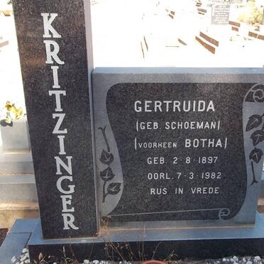 KRITZINGER Gertruida voorheen BOTHA nee SCHOEMAN 1897-1982