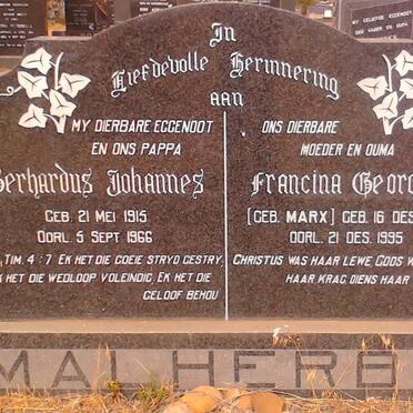 MALHERBE Gerhardus Johannes 1915-1966 &amp; Francina Georgina MARX 1915-1995