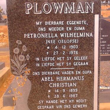 PLOWMAN Abel Hermanus Christian 1899-1987 &amp; Petronella Wilhelmina OELOFSE 1903-1976