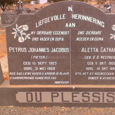 PLESSIS Petrus Johannes Jacobus, du 1923-1968 &amp; Aletta Catharina VAN DER WESTHUIZEN 1922-1989