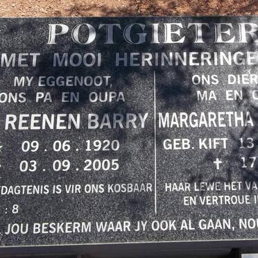 POTGIETER Van Reenen Barry 1920-2005 &amp; Margaretha Elizabeth KIFT 1920-2007