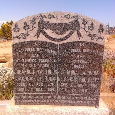 ROUX Johannes Mattheus Jacobus, le 1871-1954 &amp; Johanna Jacomina DU PREEZ 1888-1983