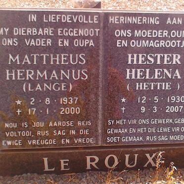 ROUX Mattheus Hermanus, le 1937-2000 &amp; Hester Helena 1930-2007