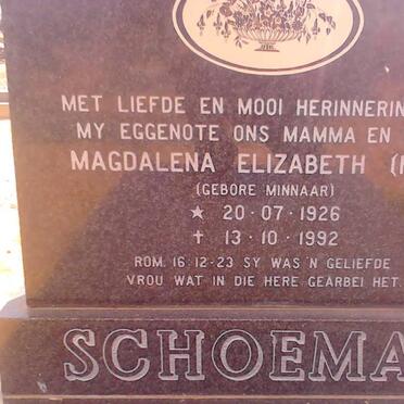 SCHOEMAN Magdalena Elizabeth nee MINNAAR 1926-1992