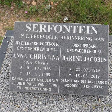 SERFONTEIN Barend Jacobus 1929-2019 & Anna Christina KLEYN 1936-2008