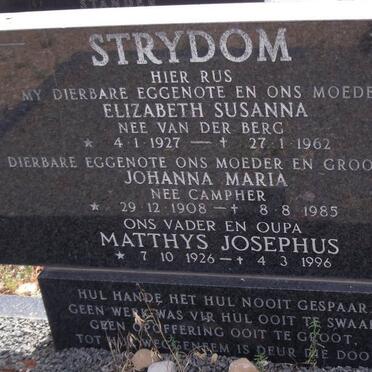 STRYDOM Matthys Josephus 1926-1996 &amp; Elizabeth Susanna VAN DER BERG 1927-1962 :: STRYDOM Johanna Maria nee CAMPHER 1908-1985