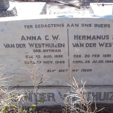 WESTHUIZEN Hermanus J., van der 1881-1948 &amp; Anna C.W. SNYMAN 1886-1948