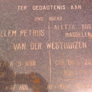 WESTHUIZEN Willem Petrus, van der 1888-1974 &amp; Aletta Susanna Magdelena 1898-1970