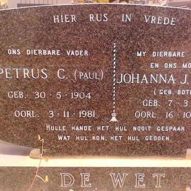 WET Petrus C, de. 1904-1981 &amp; Johanna J.C. BOTES 1911-1972