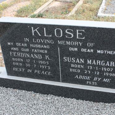 KLOSE Ferdinand K. 1905-1973 &amp; Susan Margaret 1907-1998
