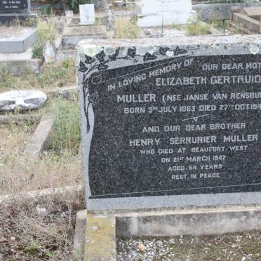 MULLER Elizabeth Gertruida nee JANSE VAN RENSBURG 1863-1949 :: MULLER Henry Serrurier -1947